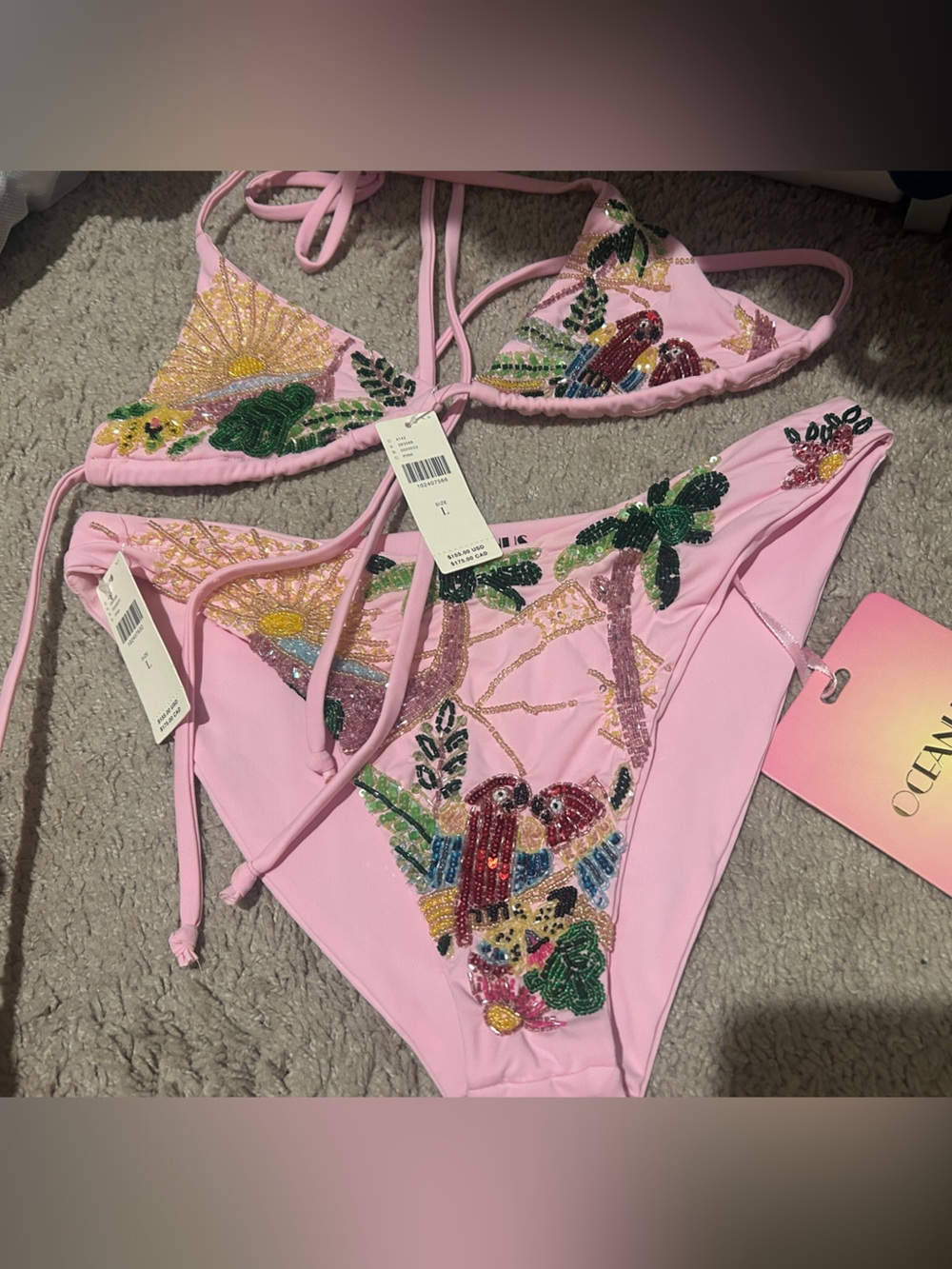 Anthropologie Pink Embellished Tropical Parrot Bikini